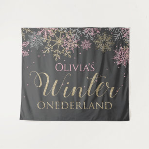 Winter Onederland Pink Mädchen Erster Geburtstag Wandteppich