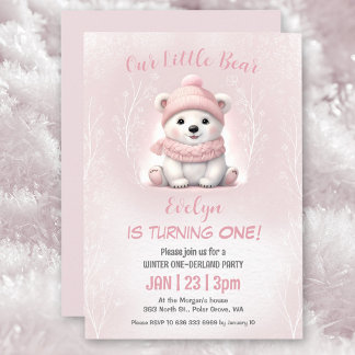 Winter Onederland Pink Polar Bear 1. Geburtstag Einladung