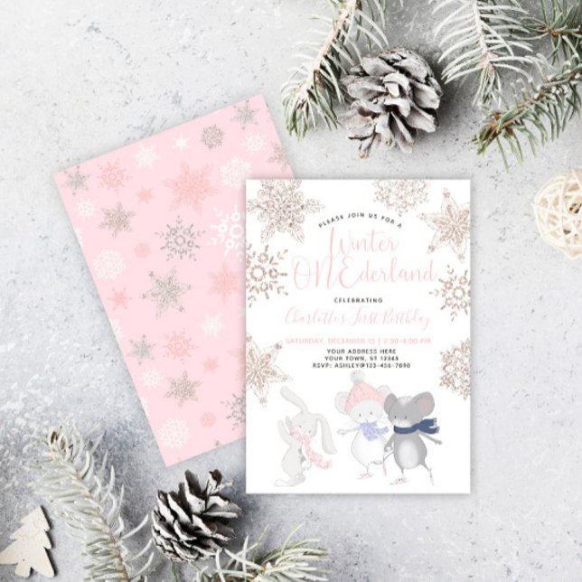 Winter ONEderland Pink Script 1. Geburtstag Einladung (Von Creator hochgeladen)
