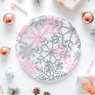 Winter Onederland Pink Silber Schneeflocke Pappteller