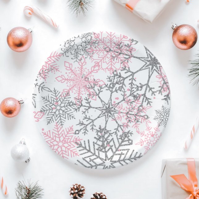 Winter Onederland Pink Silber Schneeflocke Pappteller (Von Creator hochgeladen)