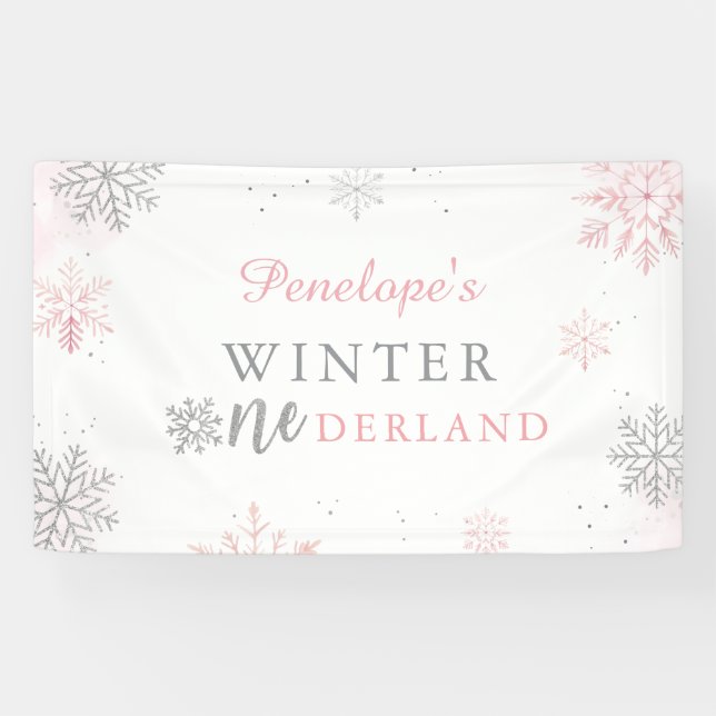 Winter Onederland Pink Silver 1. Geburtstag Banner (Horizontal)