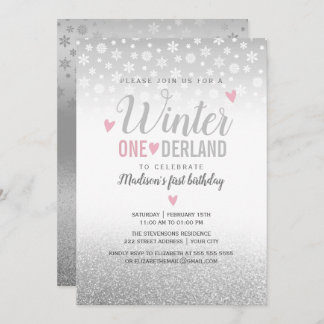 Winter Onederland Pink Silver 1. Geburtstag Einladung