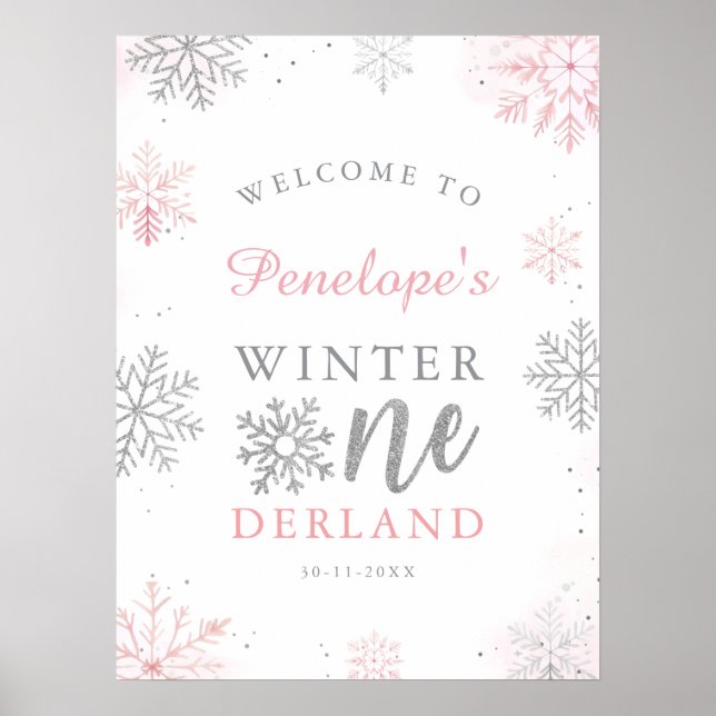 Winter Onederland Pink Silver 1. Geburtstag Willko Poster (Vorne)