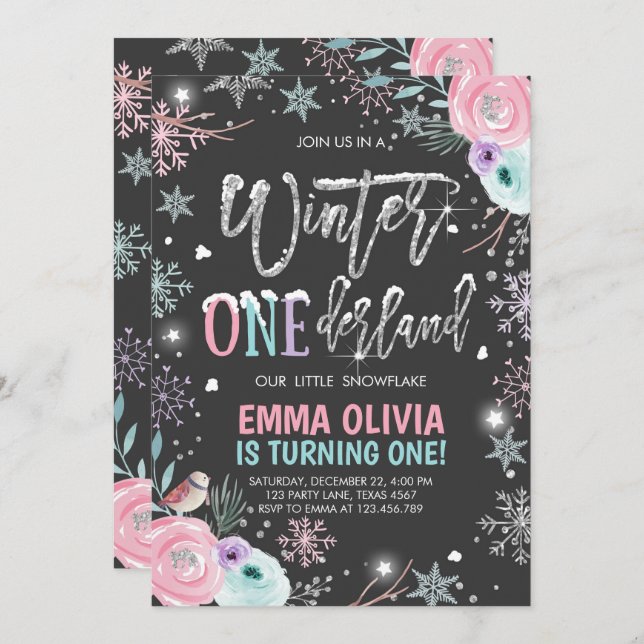 Winter ONEderland Pink Silver Black Erster Geburts Einladung (Vorne/Hinten)