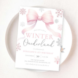 Winter Onederland Pink Silver Bow 1. Geburtstag Einladung