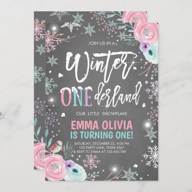 Winter ONEderland Pink Silver Erster Geburtstag Einladung (Vorne/Hinten)