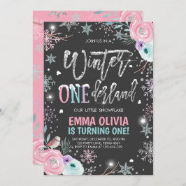 Winter ONEderland Pink Silver Erster Geburtstag Einladung
