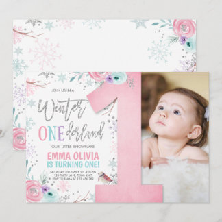 Winter ONEderland Pink Silver Floral 1. Geburtstag Einladung