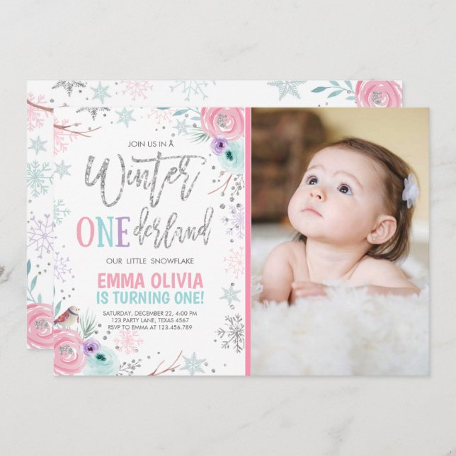 Winter ONEderland Pink Silver Foto 1. Geburtstag Einladung (Vorne/Hinten)