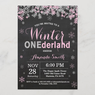 Winter Onederland Pink Silver Girl 1. Geburtstag Einladung