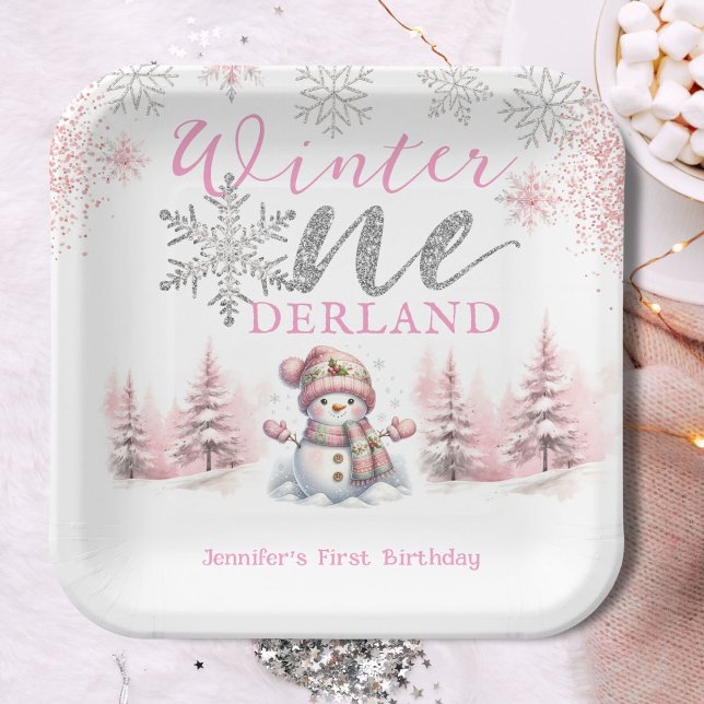 Winter Onederland Pink Silver Glitzer 1. Geburtsta Pappteller (Von Creator hochgeladen)