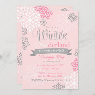 Winter Onederland Pink Silver Glitzer Einladung