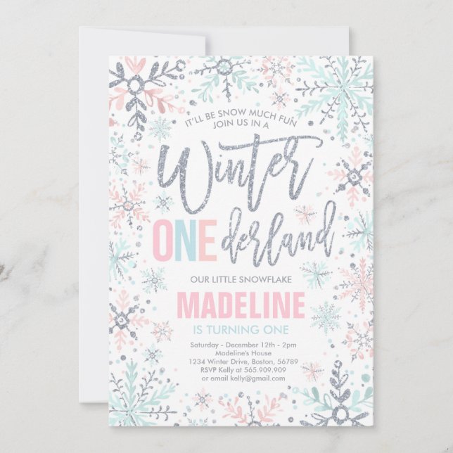 Winter ONEderland Pink Silver Snowflake Geburtstag Einladung (Vorderseite)