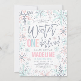Winter ONEderland Pink Silver Snowflake Geburtstag Einladung