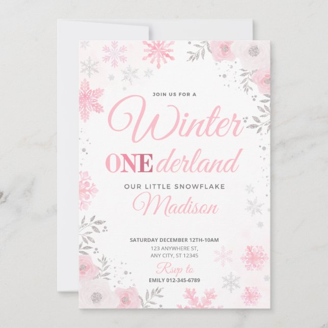 Winter ONEderland Pink Snowflake 1. Einladung (Vorderseite)
