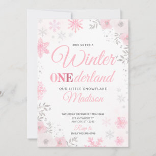 Winter ONEderland Pink Snowflake 1. Einladung
