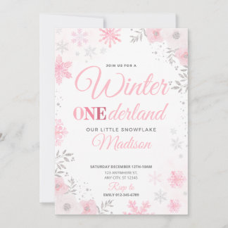Winter ONEderland Pink Snowflake 1. Einladung