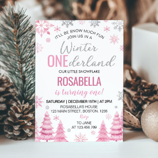Winter Onederland Pink Snowflake 1. Geburtstag Einladung