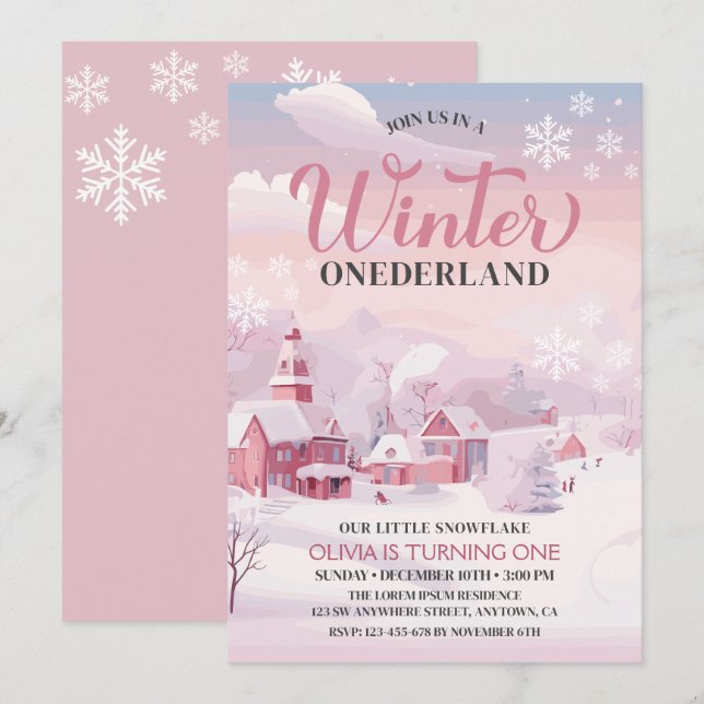 Winter Onederland Pink Snowflake 1. Geburtstag Einladung (Vorne/Hinten)