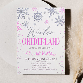 Winter ONEderland Pink Snowflake Birthday Party Einladung