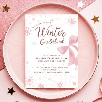 Winter Onederland Pink Snowflake Bow 1st Birthday Einladung