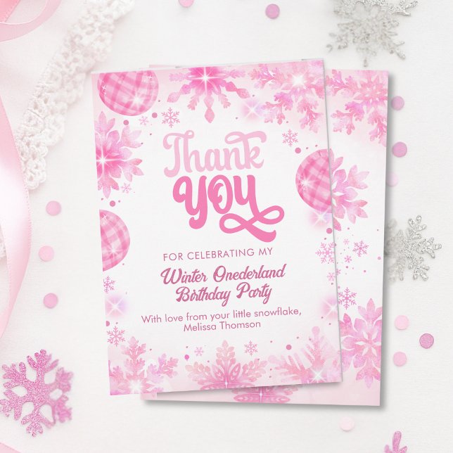 Winter Onederland Pink Snowflake Erster Geburtstag Dankeskarte (Von Creator hochgeladen)