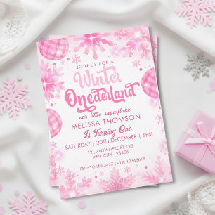 Winter Onederland Pink Snowflake Erster Geburtstag Einladung