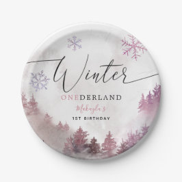 Winter ONEderland Pink Snowy Mountain Geburtstag Pappteller