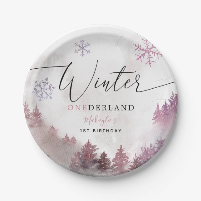 Winter ONEderland Pink Snowy Mountain Geburtstag Pappteller (Vorderseite)