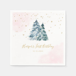 Winter Onederland Pink Snowy Pine Trees Serviette