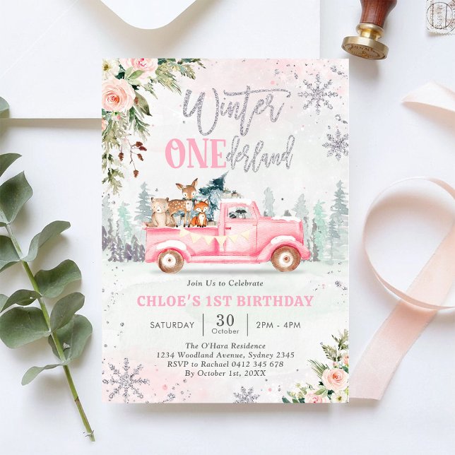 Winter ONEderland Pink Truck Girl 1st Birthday Einladung (Von Creator hochgeladen)