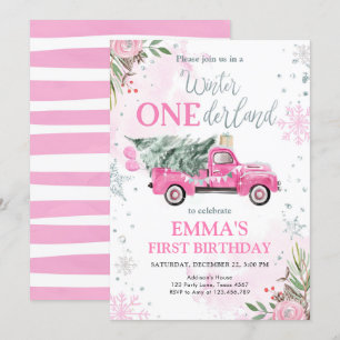 Winter Onederland Pink Truck Girl Erster Geburtsta Einladung