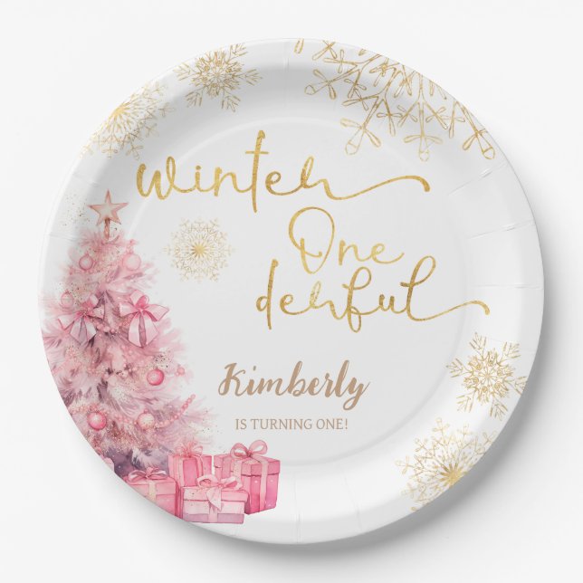 Winter Onederland Pink und Gold Snowflake Pappteller (Vorderseite)