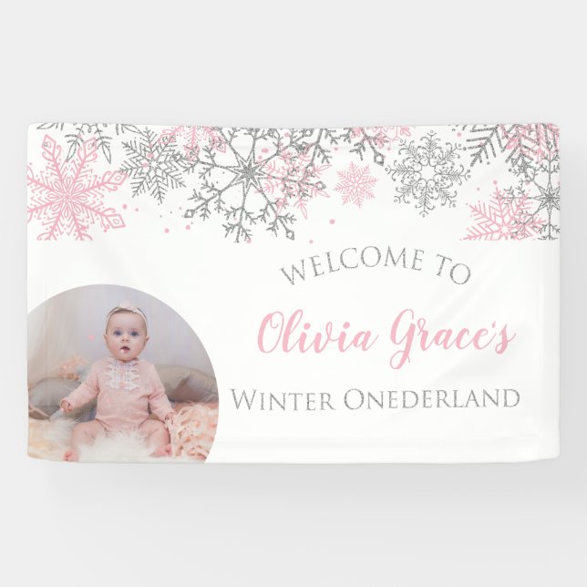 Winter Onederland Pink und Silver Snowflakes Foto Banner (Horizontal)