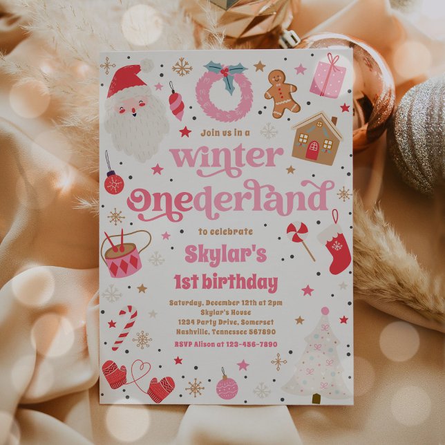 Winter ONEderland Pink Weihnachten Geburtstagspart Einladung (Von Creator hochgeladen)