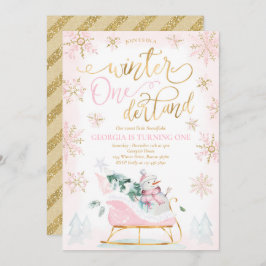 Winter ONEderland Pink Winter Schlitten 1. Geburts Einladung