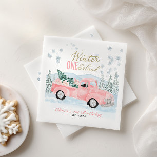 Winter Onederland Pinker LKW Erster Geburtstag Serviette