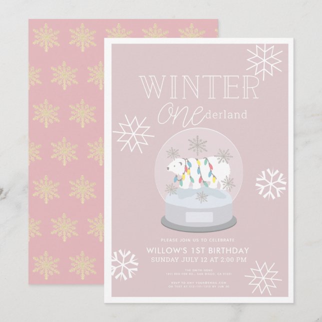 Winter Onederland Polar Bear Pink 1. Geburtstag Einladung (Vorne/Hinten)