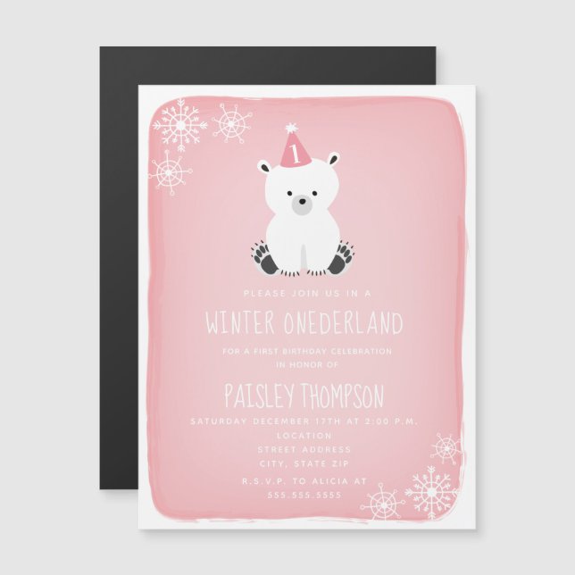 Winter Onederland Polar Bear Pink Erster Geburtsta Magneteinladung (Vorne/Hinten)