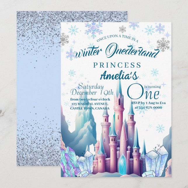 Winter Onederland Princess 1. Geburtstag Party Einladung (Vorne/Hinten)