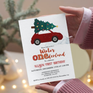 Winter Onederland Red Car mit Baum 1St Geburtstag Einladung