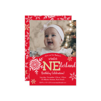 Winter ONEderland Red Gold Glitzer 1. Geburtstag Einladung