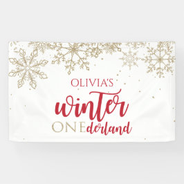 Winter ONEderland Red Gold Glitzer Snowflakes Banner
