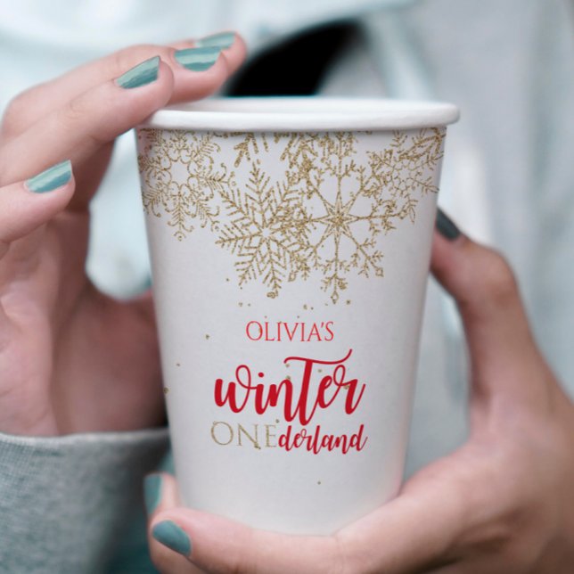 Winter ONEderland Red mit Gold Snowflake Geburtsta Pappbecher (Von Creator hochgeladen)