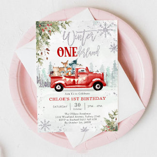 Winter ONEderland Red Truck 1st Birthday Einladung