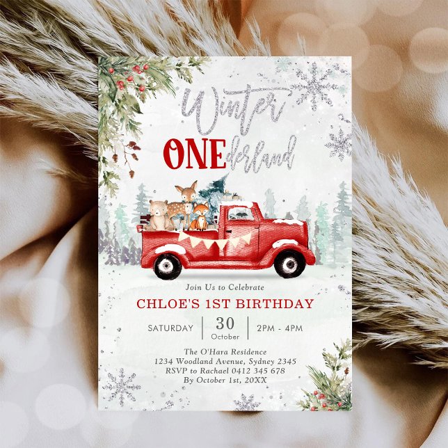 Winter ONEderland Red Truck Birthday Invitation Einladung (Von Creator hochgeladen)