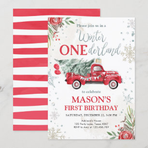 Winter Onederland Red Truck Erster Geburtstag Einladung