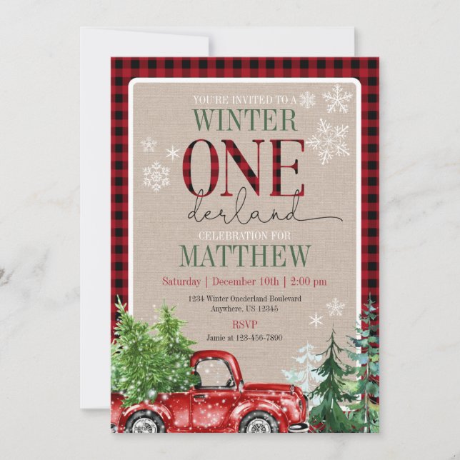 Winter ONEderland Red Truck Forest Birthday Einladung (Vorderseite)