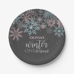 Winter Onederland Rosa blau silber glitzern Pappteller